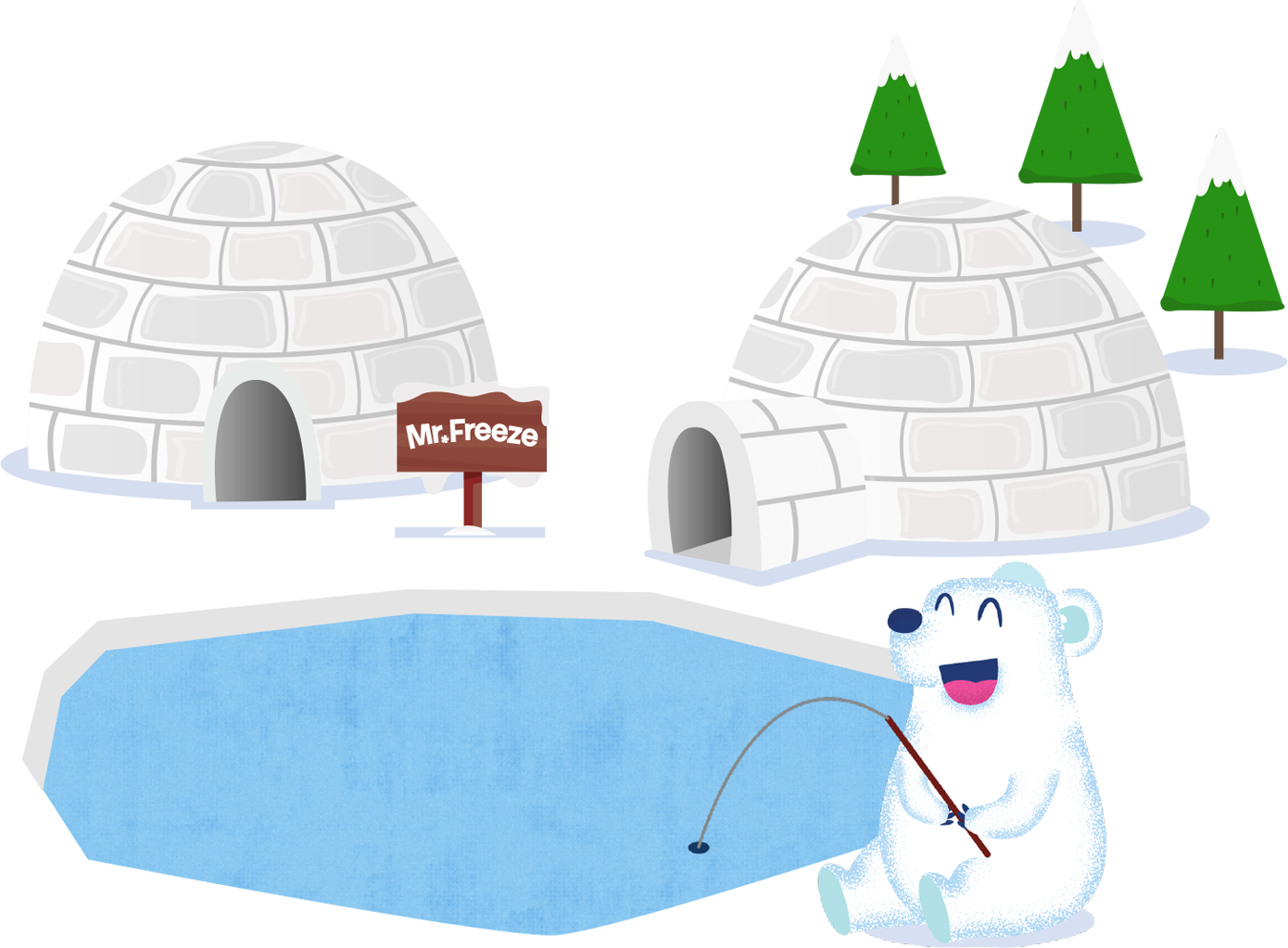 A bear fishing outside some igloos